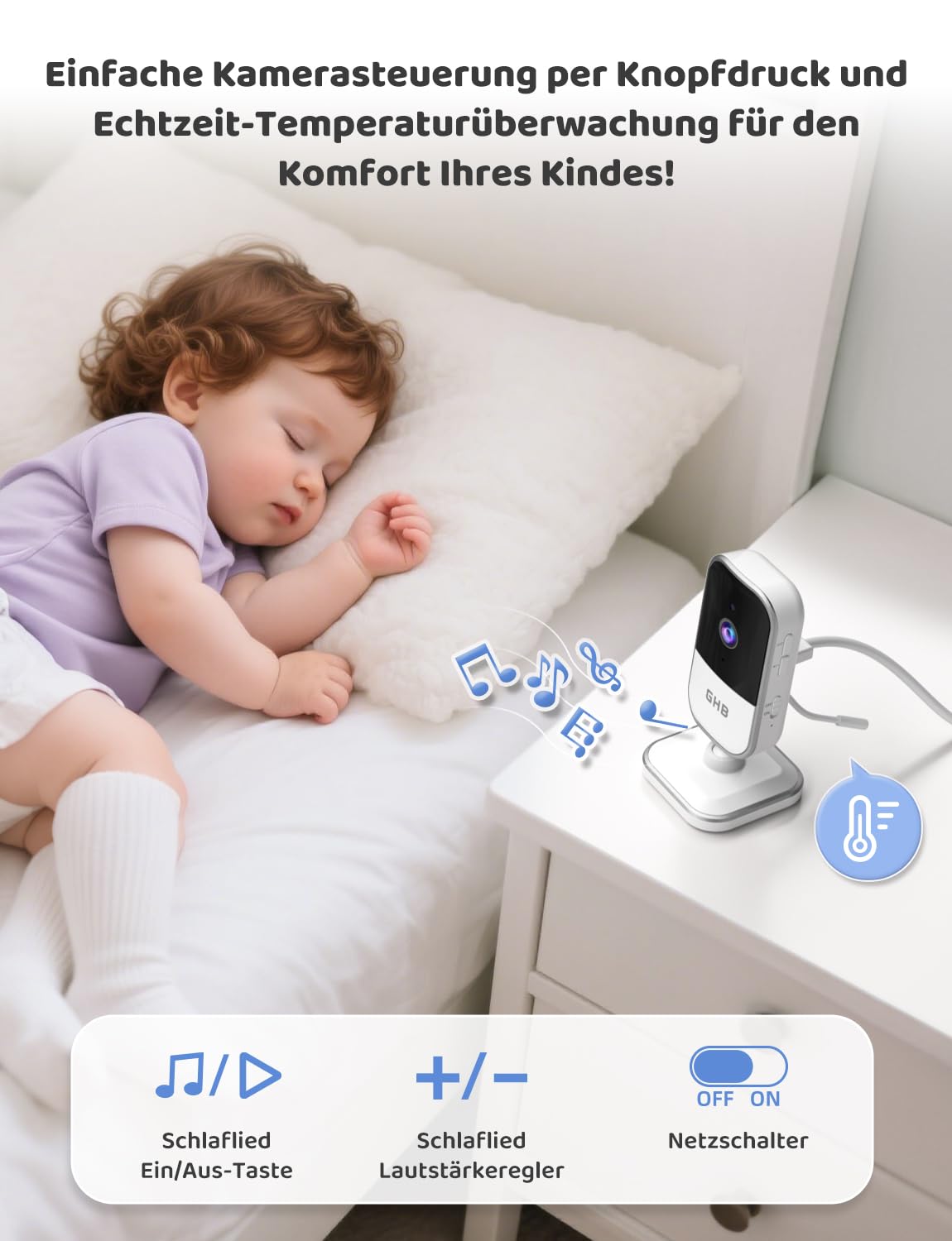 GHB Babyphone mit Kamera 5 Zoll IPS-Display 720P 5000 mAh VOX-Energiesparmodus 4X Zoom Nachtsicht Zwei-Wege-Audio Temperatursensor Nicht drehba