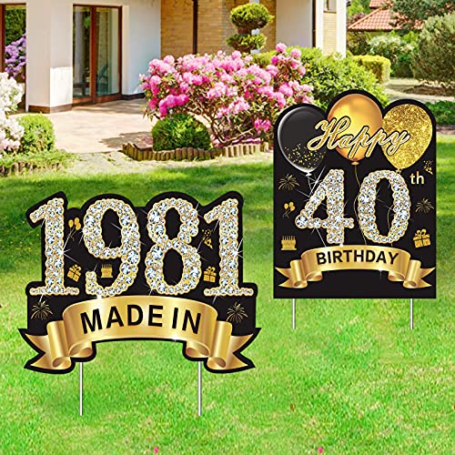 Kauayurk 2Pcs 40th Birthday Yard Sign Decorations Supplies for Women& Men, Black Gold Happy 40 Birthday Made in 1981 Party Outdoor Lawn Sign, 40 Year Old Birthday Yard Decor with Stakes