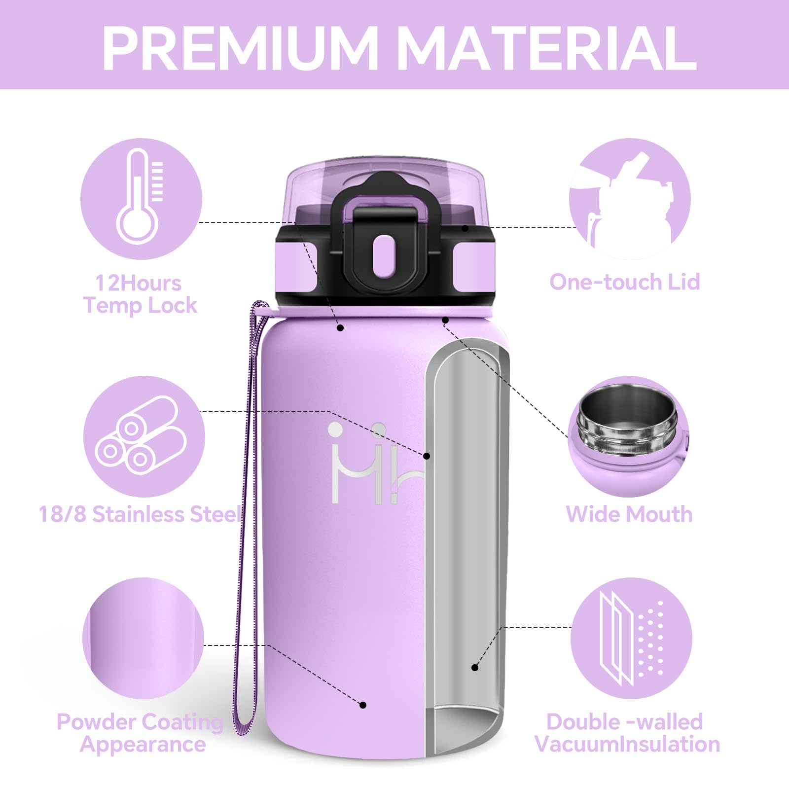 Mujigaga Borraccia Termica - 500 ml - Borraccia Acciaio Inox - Borracia con Cannuccia - Senza Perdite- Borracce Bambini - Mantiene Caldo per 12 Ore/Freddo 24 Ore, Termos per Campeggio, Uffici, Scuole - 3