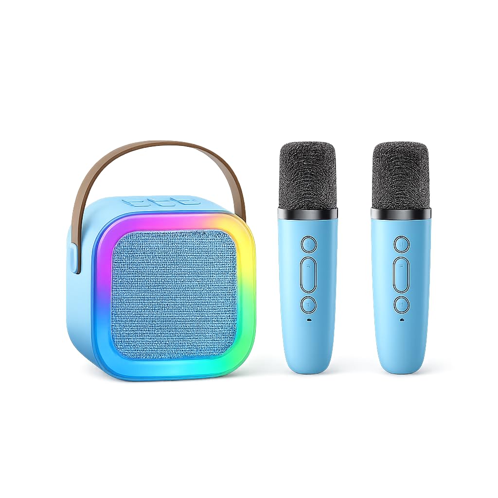 Karaoke Machine with 2 Wireless Microphones for Kids & Adults, Portable Bluetooth Karaoke Speaker, Supports TF (MicroSD) Card, Home Singing System with LED Lights (Sky-Blue)