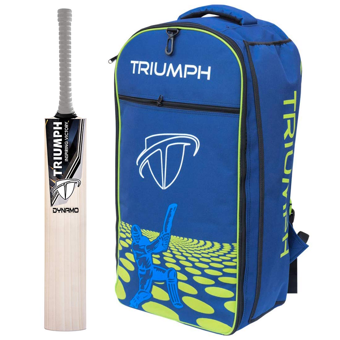 TRIUMPH DYNAMO ENGLISH WILLOW PROFESSIONAL CRICKET BAT FOR MENS | READY TO PLAY | LIGHT WEIGHT WITH KB-2020 CRICKET BACK BAG NAVY/LIME