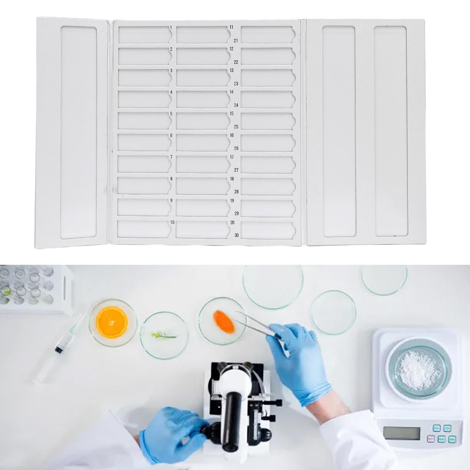 Ausla Bandeja de Almacenamiento de Diapositivas de Microscopio, Cartón Plegable, 30 Diapositivas de Capacidad, Ranuras Numeradas 7.8x2.6cm/3.1x1in Cada Tamaño de Ranura