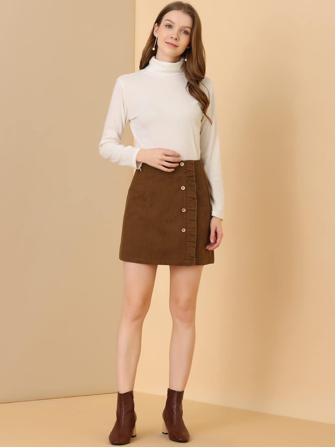 Allegra K Women's Corduroy Vintage Button Decor Ruffled Trim High Waist Short Skirt - Image 3