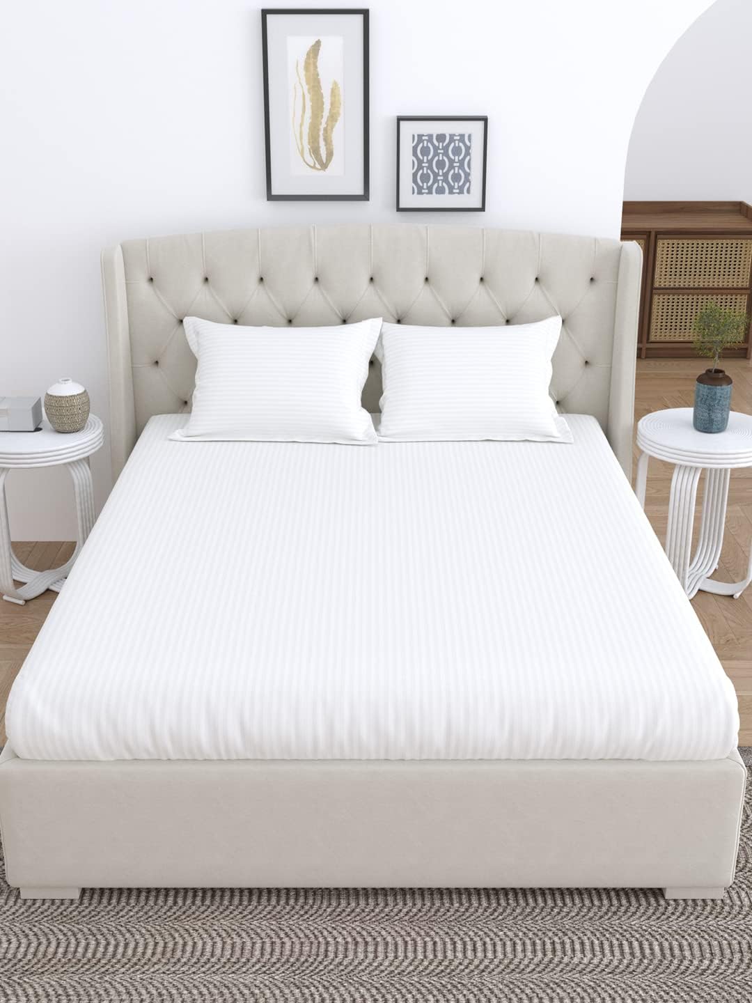 LINENWALAS 100% Organic Cotton Super Soft Fitted Bed Sheet, Easy Snug Fit, Breathable, 40 cm Deep Pocket White Stripe King Bedsheet 180x200 cm, 3 PC Set (1 Fitted Sheet, 2 Pillowcases)