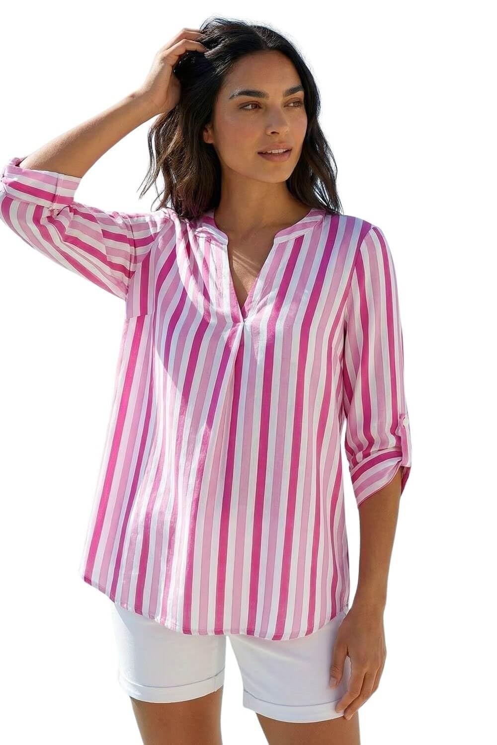 Roman Originals Women's Pink & White Leaf V Neck Stretch Jersey Top For Uk Pleated Shirt Notch V Neck Blouse Summer Tunic Pull-On Soft Evening Holiday Work Party Everyday - Size 20