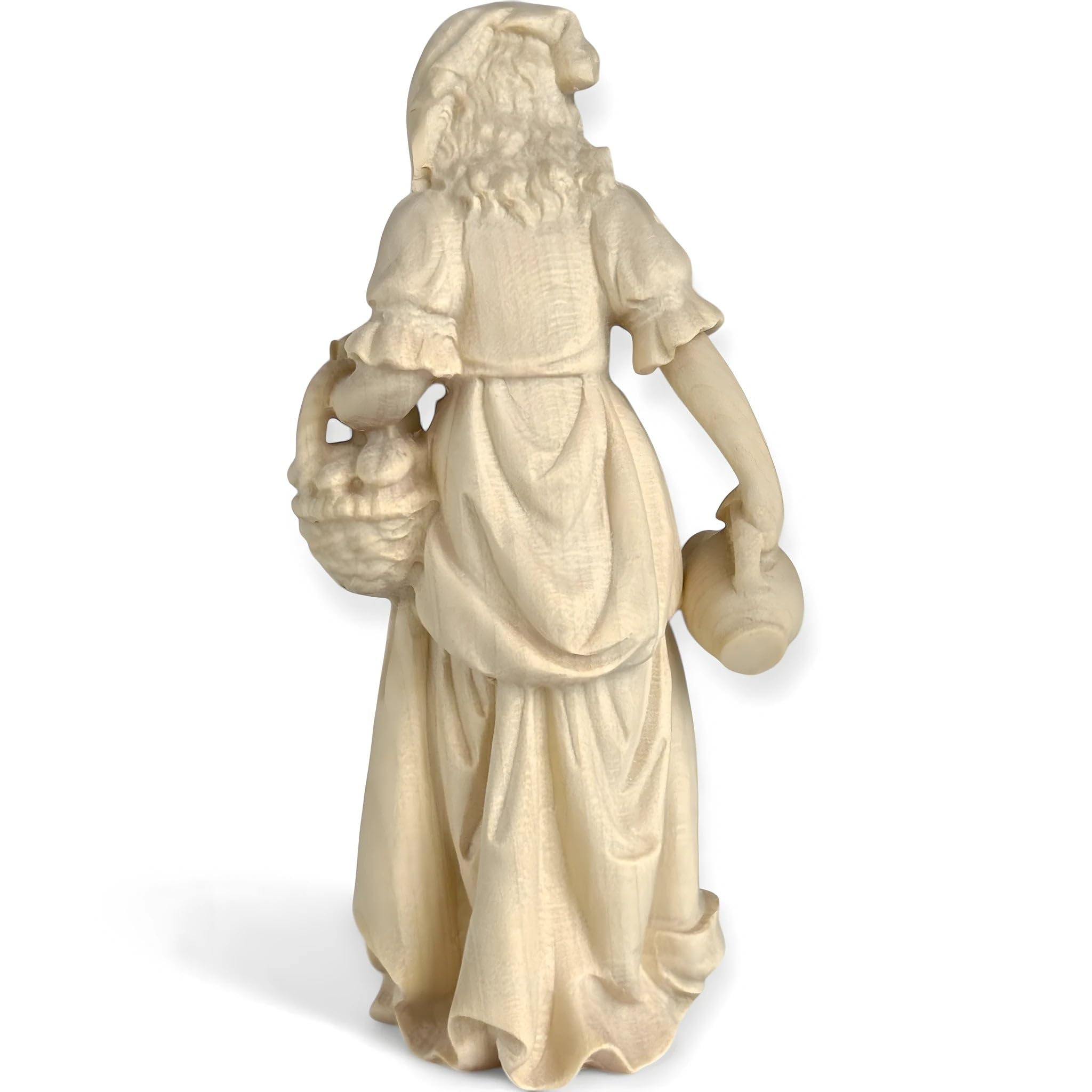 Pastora con jarra de agua y cesta de fruta de madera 18 cm | Madera pintada a mano en Val Gardena | Belén y Natividad