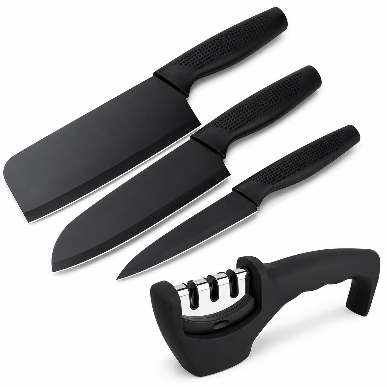 SNMMIFER Kitchen Knife Set with Knife Sharpener, 4 Pcs Black Kitchen Knives Set for Cutting, Chopping, Slicing & Dicing,Knife with 3 Stage Sharpener (Knife + Sharpner)