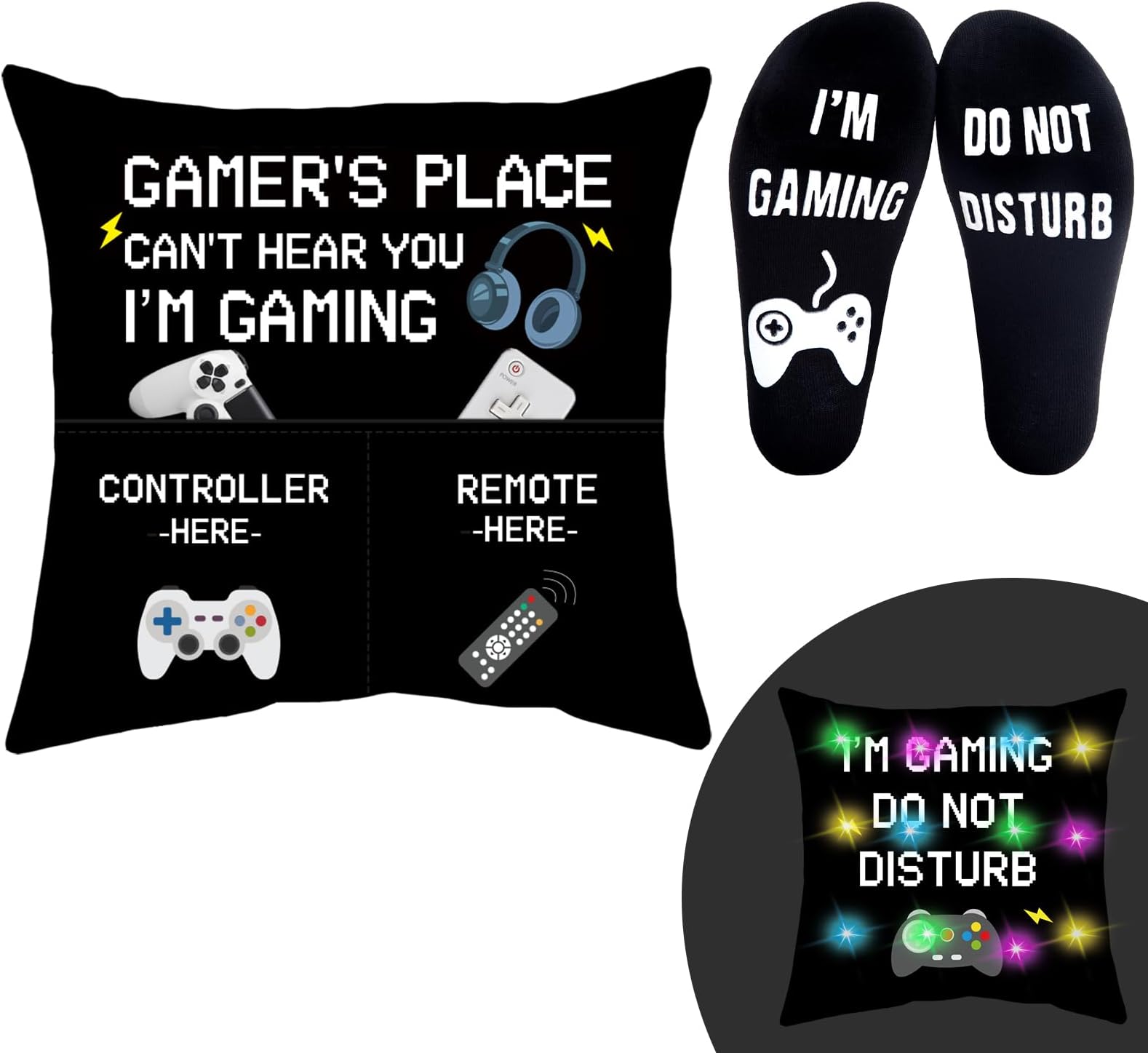 GOAUS Gamer Gifts Funny Socks, Light Up Gaming Pillow Cover 18x18 inch Dual Pockets, Gifts for Men Dad Teens Teenage Boys Son Boyfriend