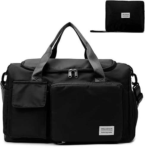 Travel Bag, Large Capacity Folding Travel Bag, Sports Gym Bag with Wet Pocket & Shoes Compartment, Foldable Travel Duffel Bag, Weekender Overnight Bag for Women and Man, Black, Sports Duffel Bag