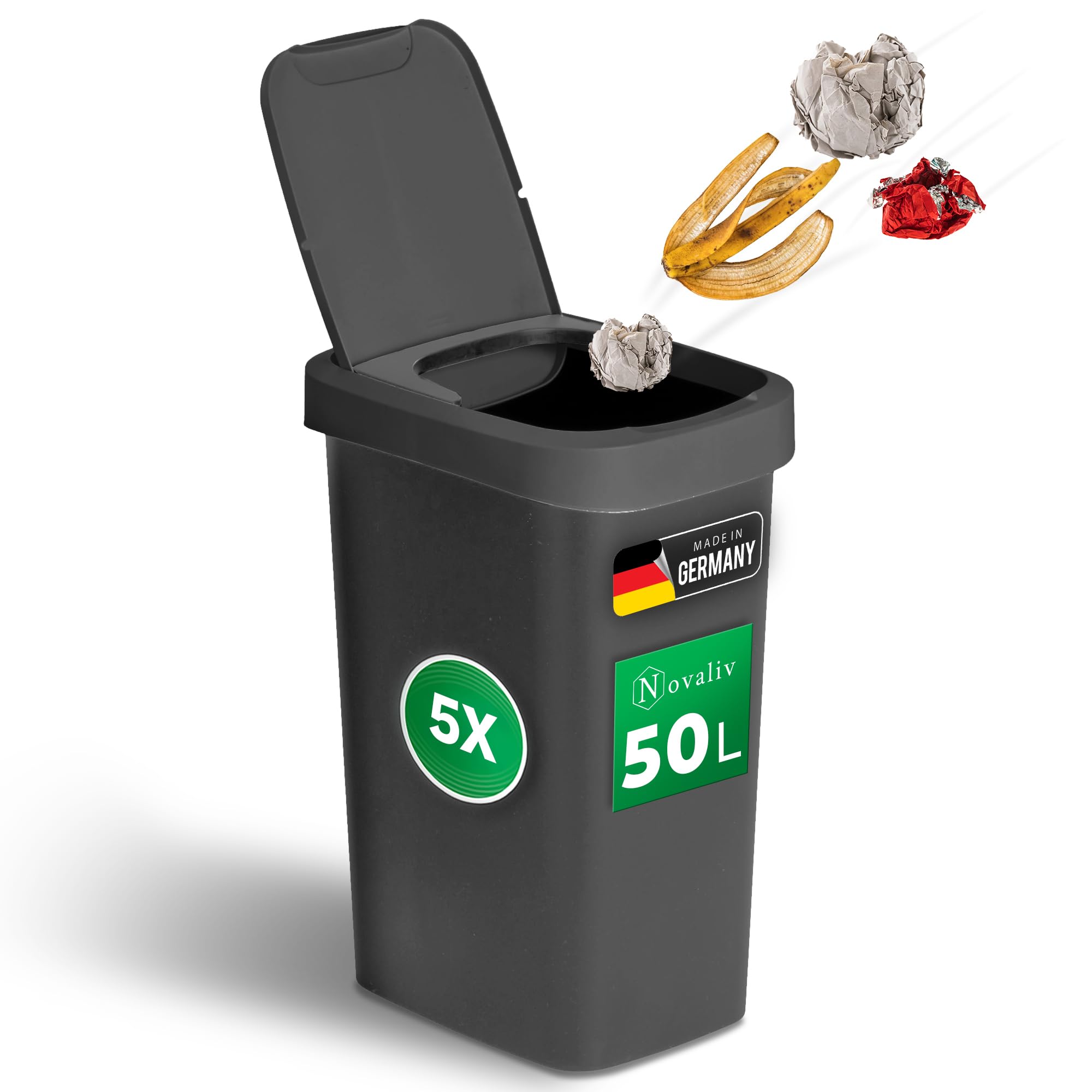 Novaliv Sparset 5x Mülleimer 50L mit 2in1 Deckel, Klappdeckel & Schwingdeckel, Anti-Geruch Abfalleimer für Küche Haushalt Büro, Müll Eimer Abfall Trash Kunststoff Abfallbehälter Mülltonne