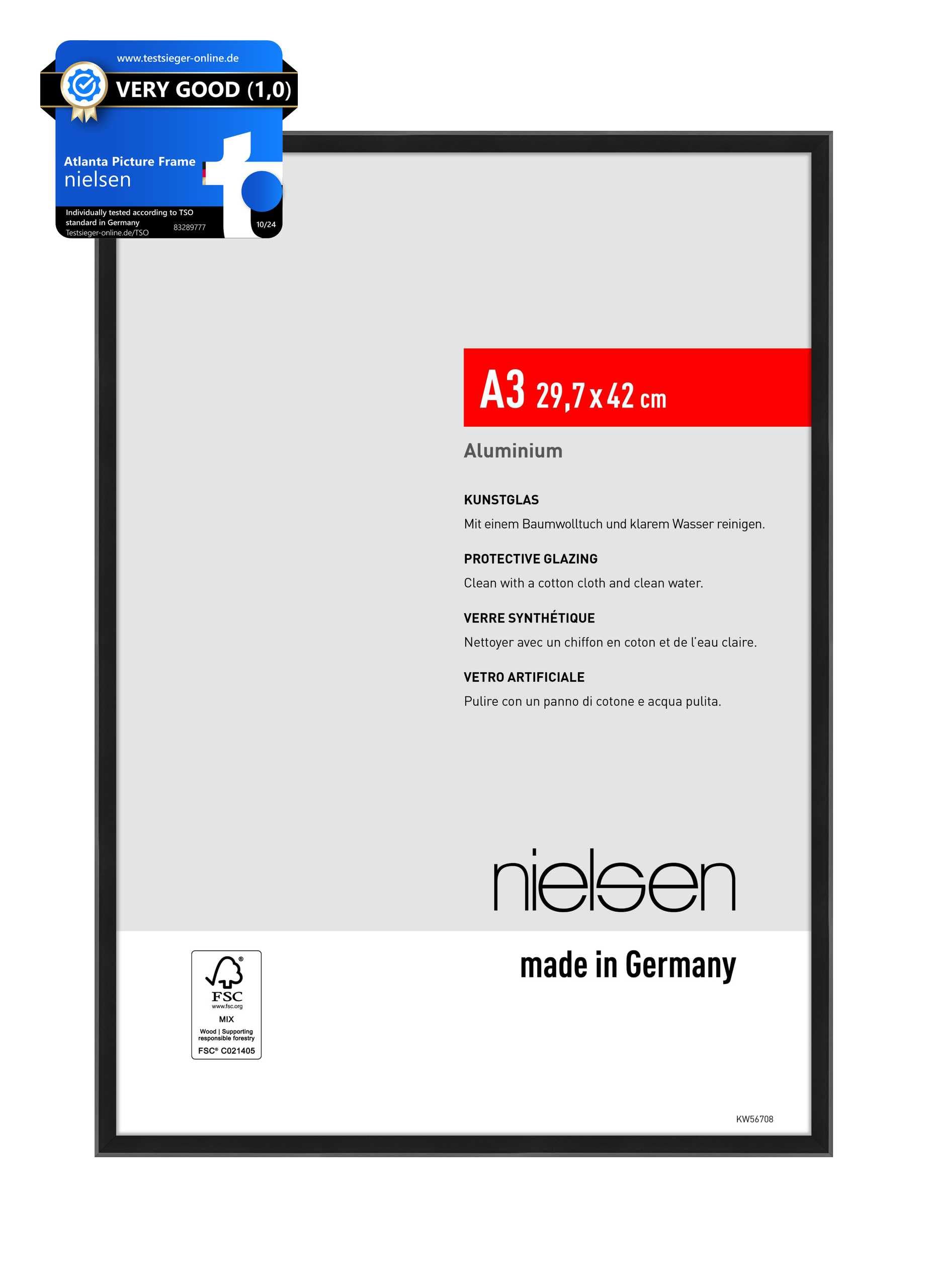 Nielsen Frosted Black Atlanta Aluminium Picture Frame - A3, 29.7X42cm - With Synthetic Glass And Push-Turn Clips