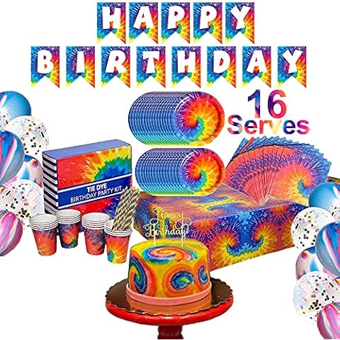 Tie Dye Birthday Party Supplies Set, Disposable Birthday Party Dinnerware Set for 16 Guests with Plates Reusable, Napkins, Cups, etc, (Multicolor-1) Cover