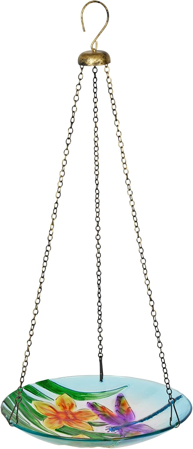 Alpine Corporation KBD158 Outdoor Hanging Glass Bird Feeder and Birdbath, Floral and Dragonfly Design with Chain, 10" W, Yellow