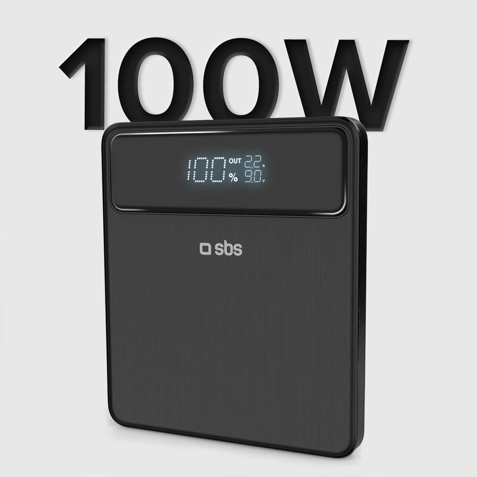 SBS PowerBank Laptop 20K SLIM, 20.000mAh, Power Delivery 100W, Adaptive Fast Charge (AFC), Display LCD, USB-C, USB-A, Caricabatterie per Apple, Samsung, Tablet, Notebook, Smartphone, MacBook, Ipad