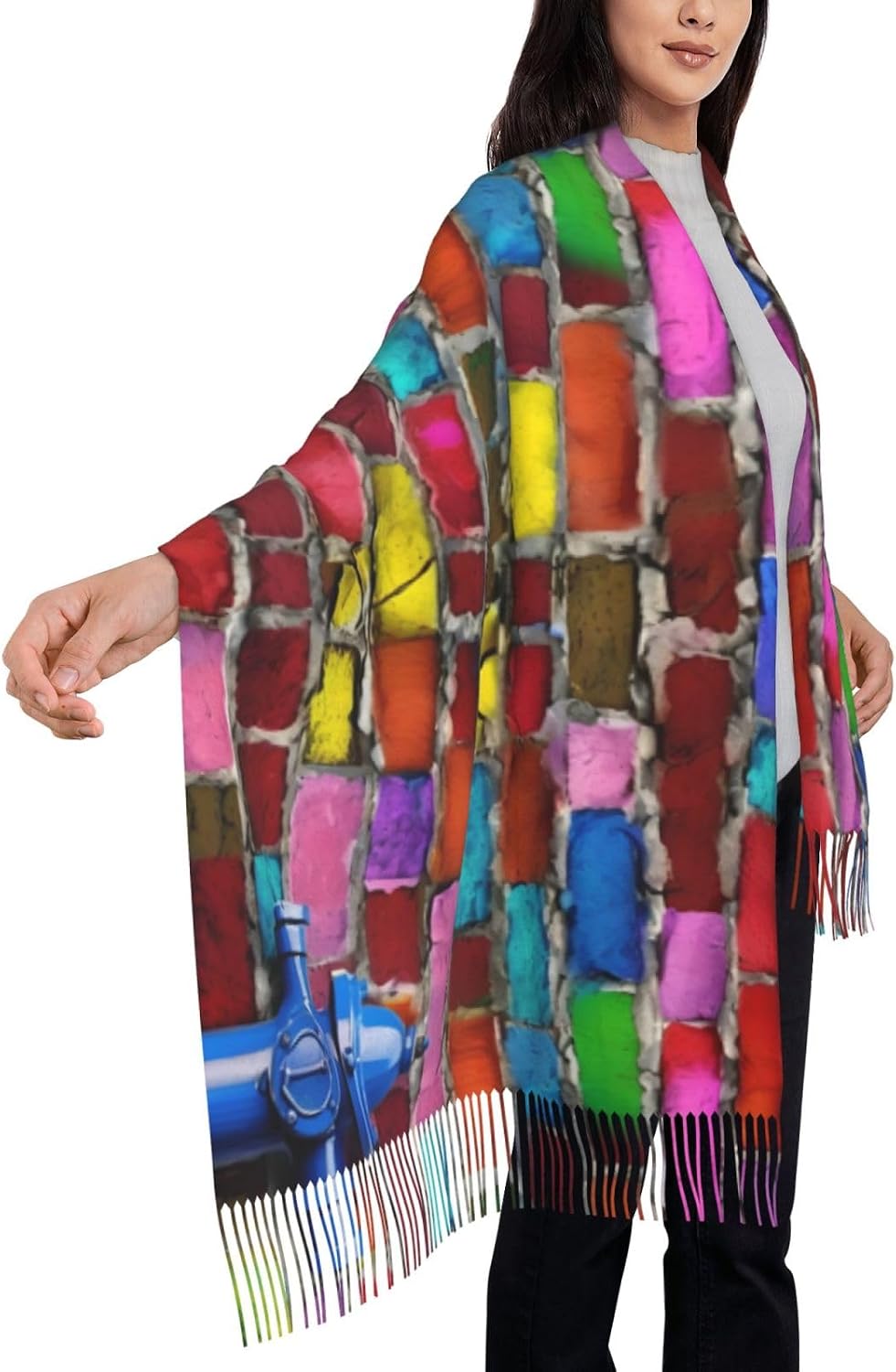 Colorful Brick Print Tassel Scarf, Winter Warm Shawl, Lightweight Wrap For Women, Present For Cool Seasons