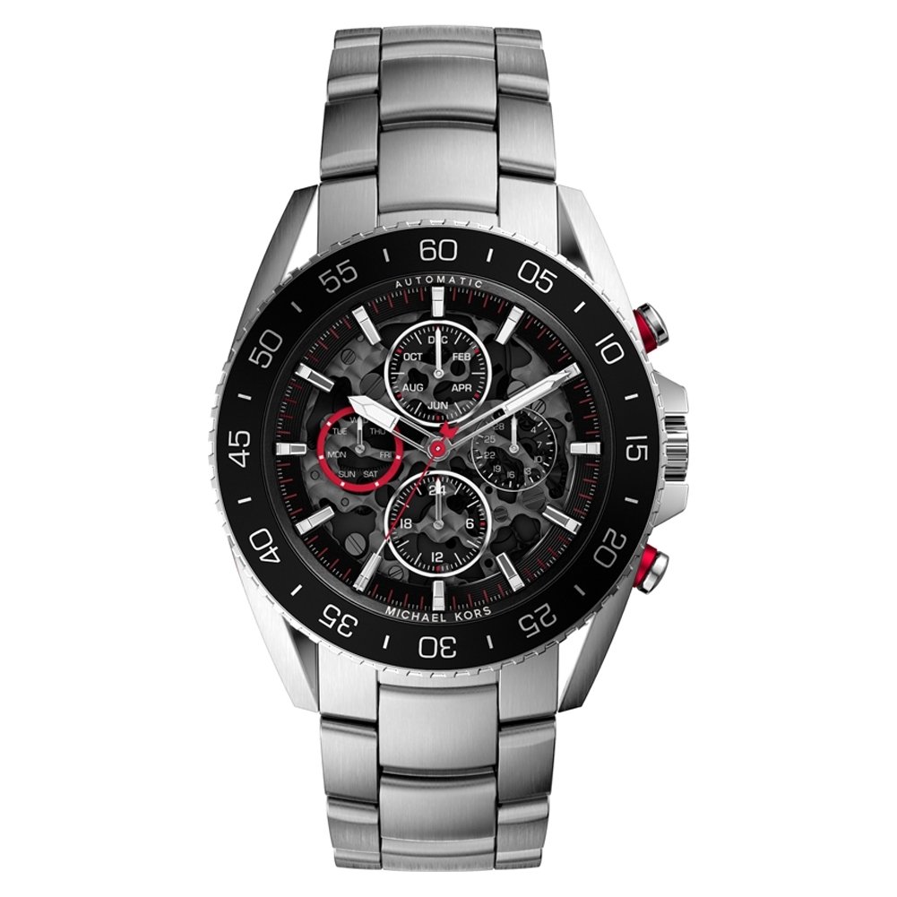 Back view of Michael Kors Jet Master MK9011 watch showing the transparent case back and the intricate automatic mechanical movement.