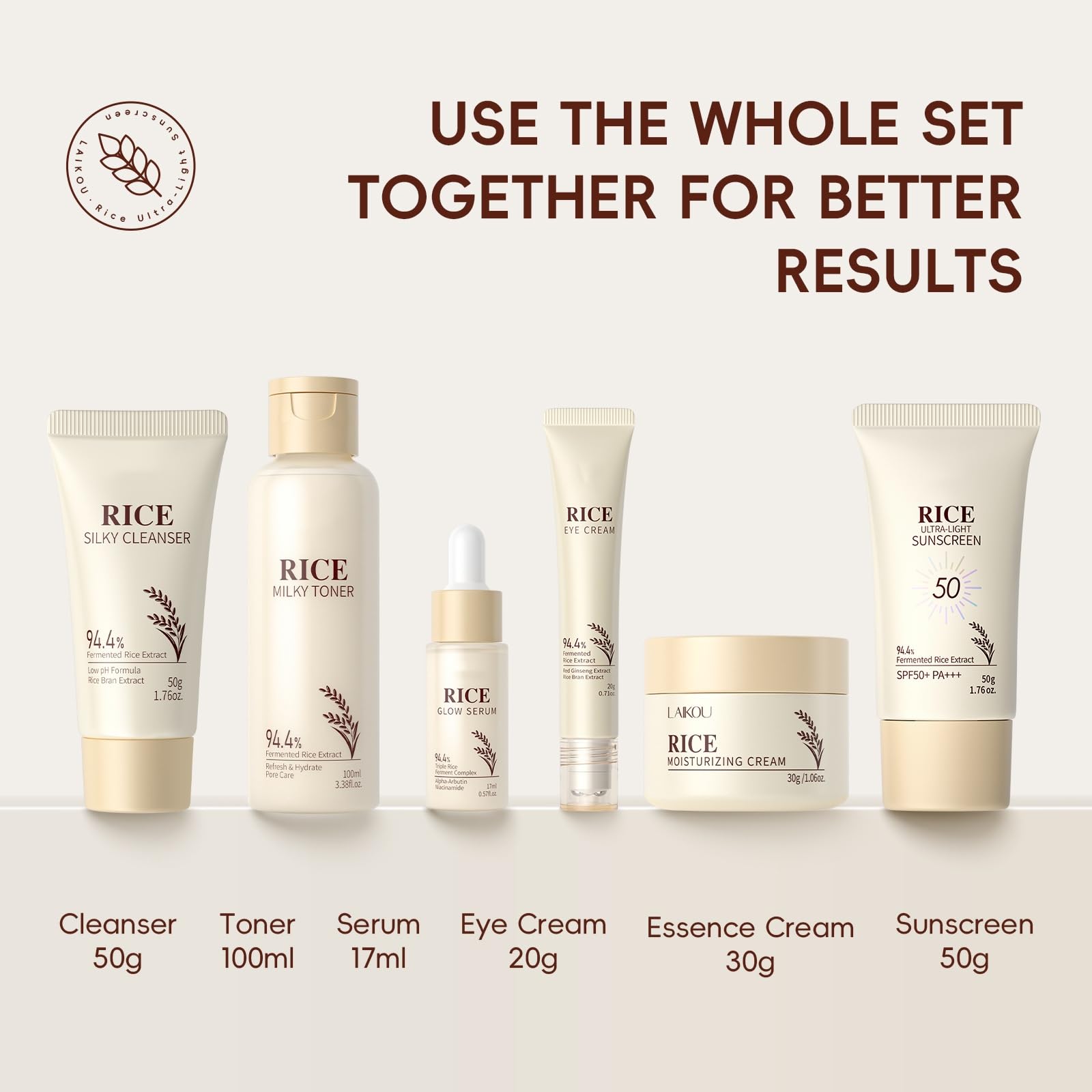 Moisturizing Skin Care Set Korean Skin Care Set with Rice Cleanser, Toner, Serum, Eye Serum, Face Cream, Sunscreen - Radiance Glowing Skin 6-Step Routine Hyaluronic Acid & Ceramides, All Skin Types