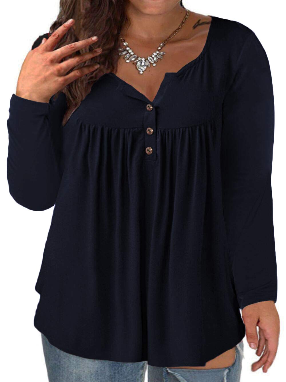 VISLILY Women's Plus Size Henley Shirt – Short Sleeve Button-Up Tunic Top, Navy (24W) - View #9