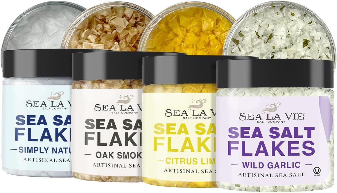 - Sea La Vie, Salt Flakes, Set of 4 x 3.5 oz, Variety Pack, Kosher Handcrafted Gourmet Flakey Finishing Salt Pyramids from the Mediterranean Sea