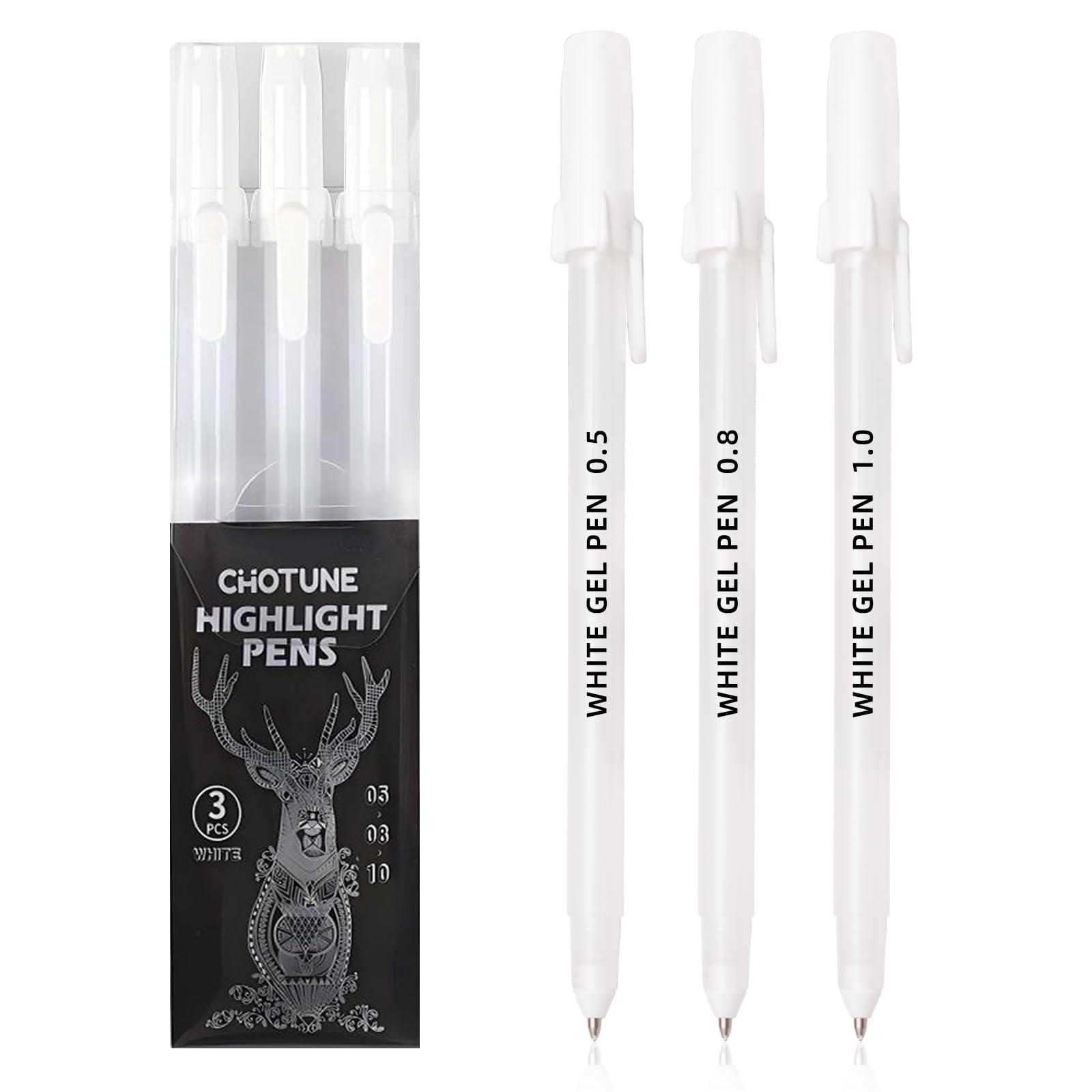 White Gel Pens 3 Tip Sizes Pack Fine 0 5mm Medium 0 8mm Bold 1 0mm White Ink