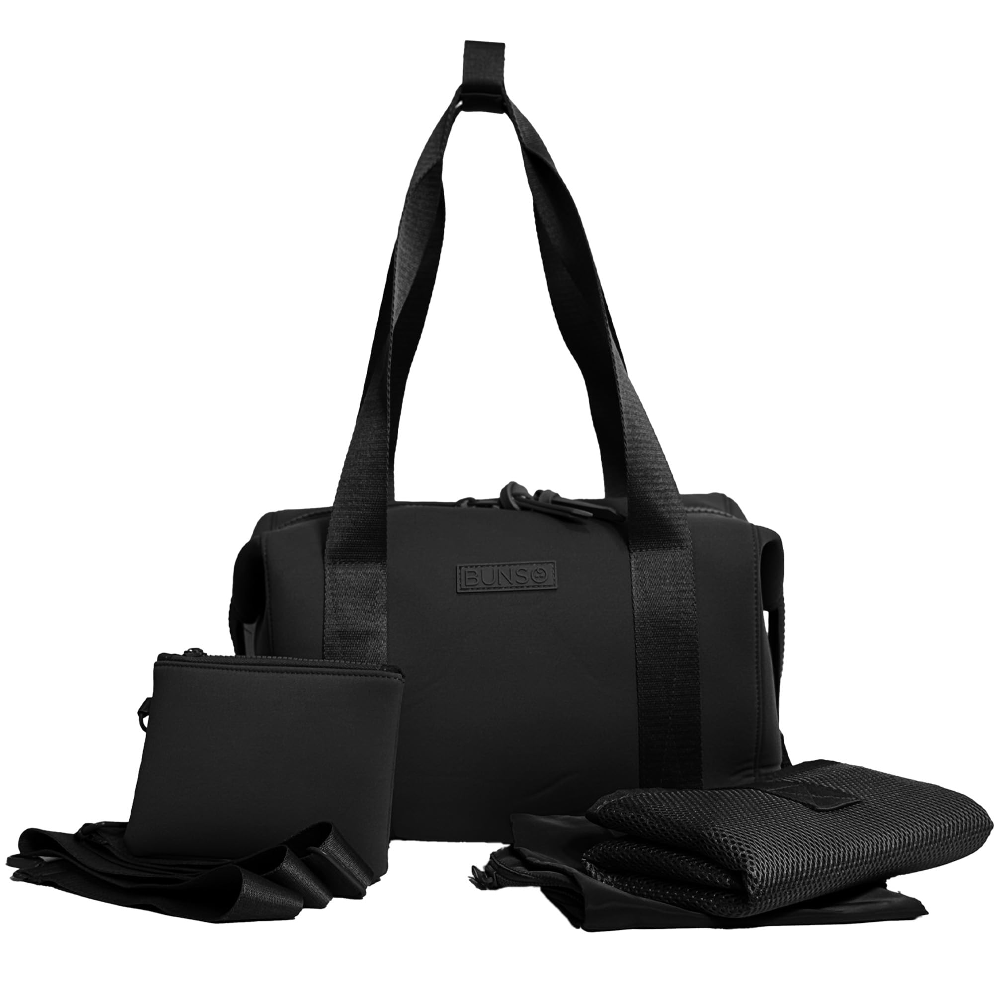BUNSO Baby Diaper Bag Tote - Premium Neoprene Baby Diaper Bag with Portable Changing Pad & Pouch - Lightweight and Water-Resistant Diaper Bags - 12 x 7 x 8 Inches - Black