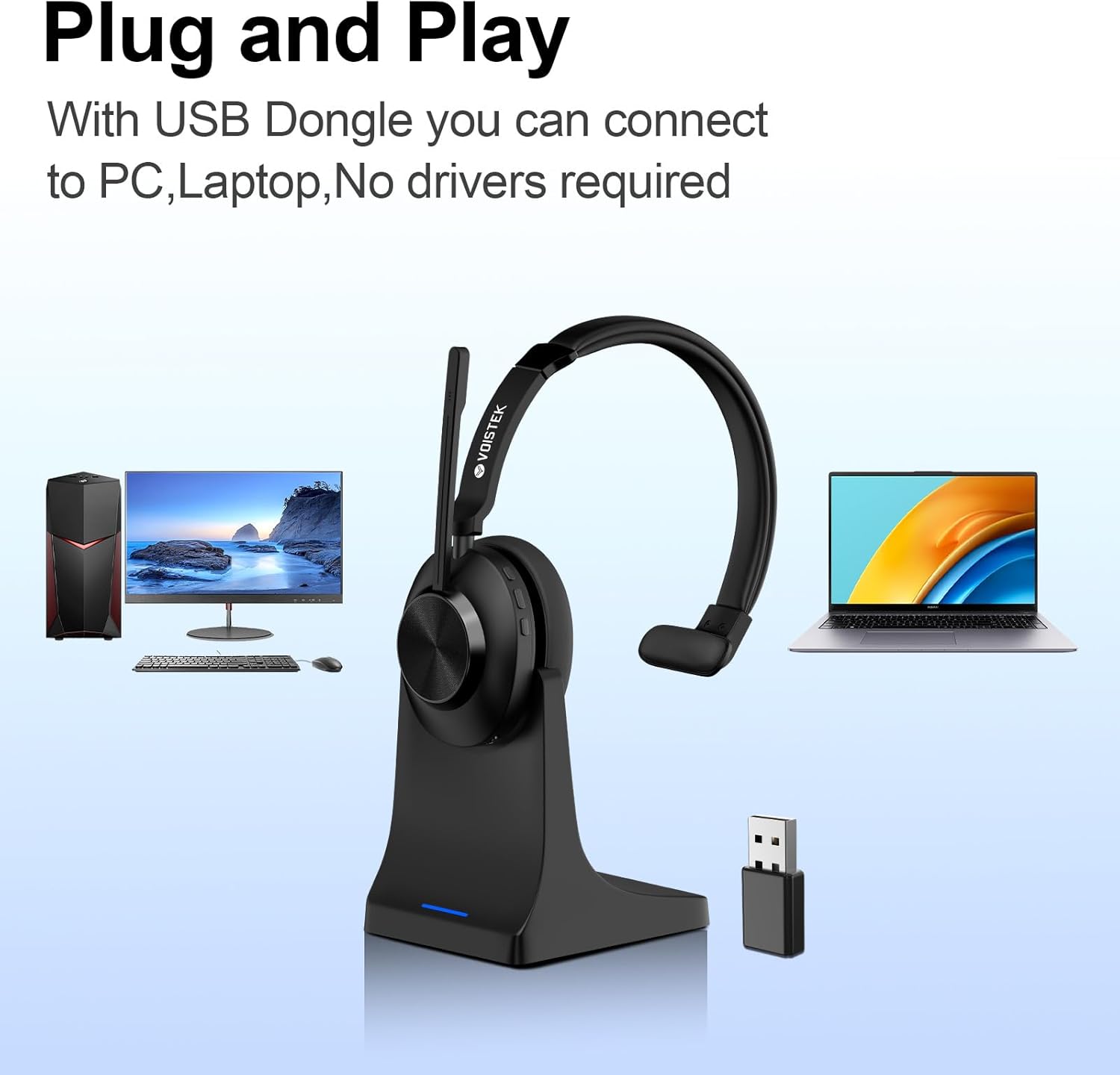 Voistek Wireless Bluetooth PC Headset, Mono Headphones with Noise Cancelling Microphone,45+ Hr Long-Lasting Battery – USB-A/C Bluetooth Adapter - Image 7