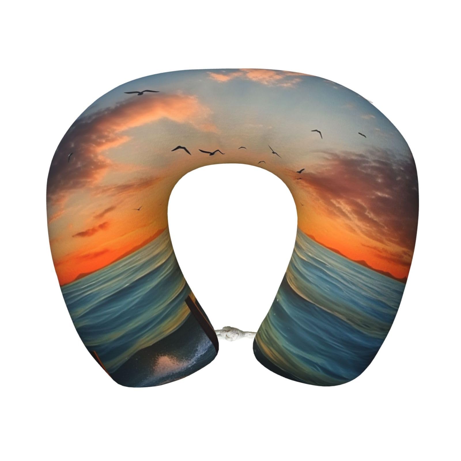 peiyeety Sunset Sea Travel Pillow Memory Foam - Comfortable U Shape Neck Pillows for Sleeping, Neck and Head Support Portable Airplane Pillow Adjustable Flight Pillow, Washable Cover