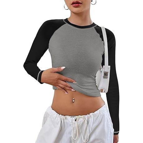 Women's Long-Sleeve Color-Block Y2K Slim-Fit Tops with Crewneck