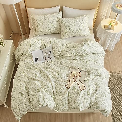 Highbuy HB16046STYLE-13-QF 3 Pieces Duvet Cover Queen White Duvet Cover With Green Floral Print,Soft Cotton Comforter Cover Boho Style,Aesthetic Queen Bedding Set thumb #6