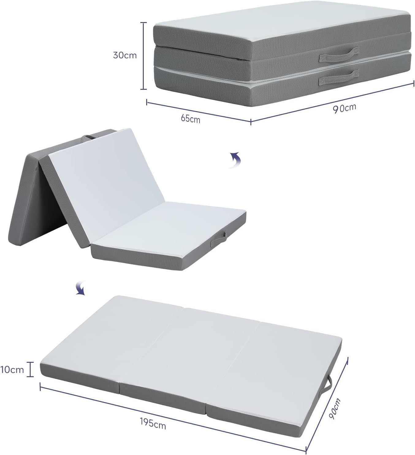 Z-hom Matelas pliant, matelas d'invité, matelas pliable en 3 pièces, matelas en mousse épaisse, matelas pliable, pour adulte, housse extérieure amovible et lavable (90 x 195 x 10 cm)