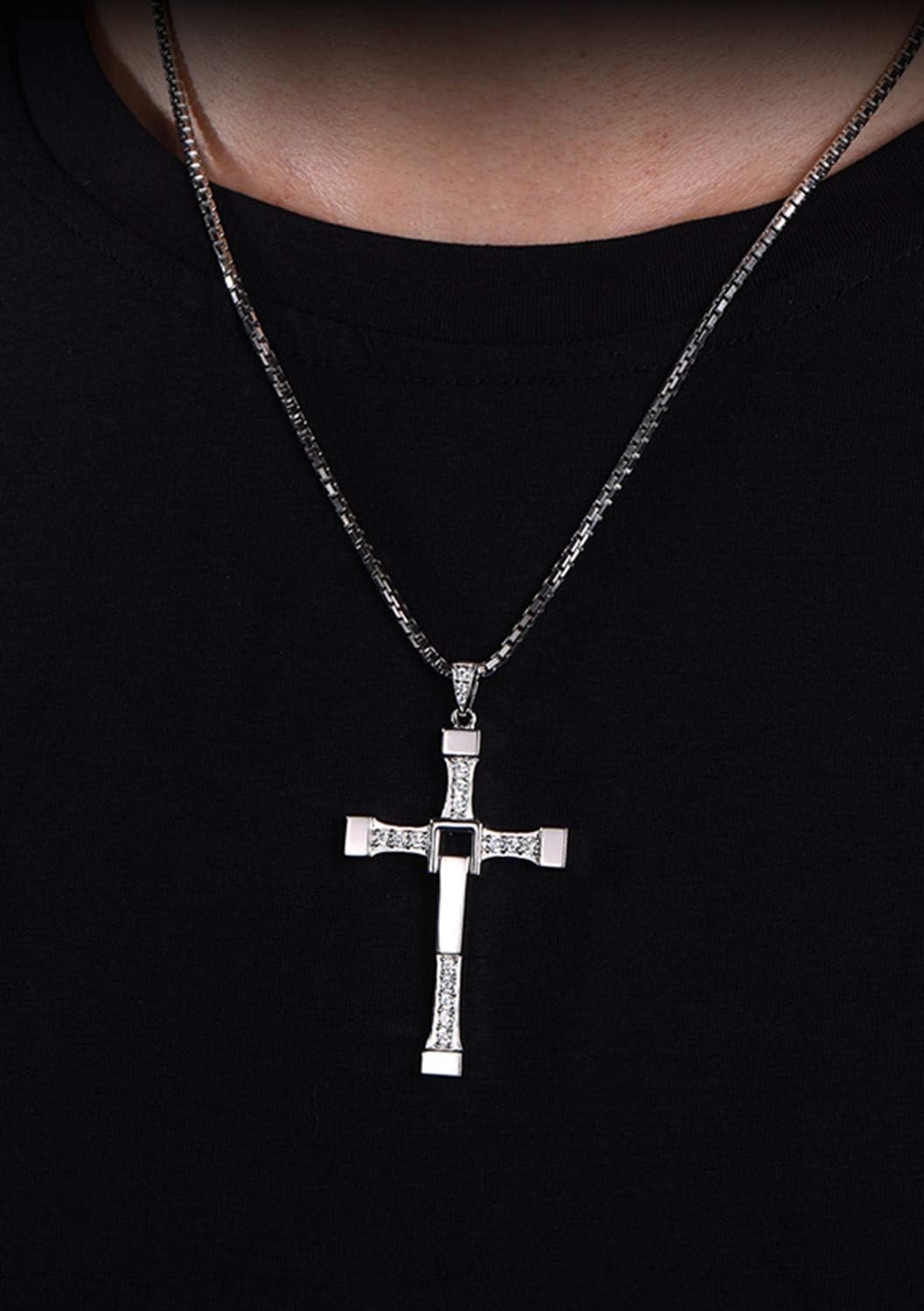 JinYu cross Necklace Pendant Vin Diesel Necklace Men's Jewelry with Box (Silver)