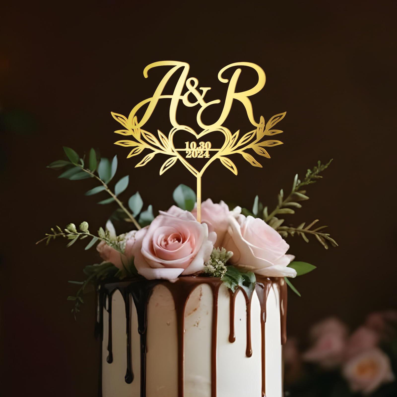 Party to Be Personalized Wedding Cake Topper in Acrylic with Custom Initials and Date Wedding Cake Decoration Heart and Leaves Design โ image 1