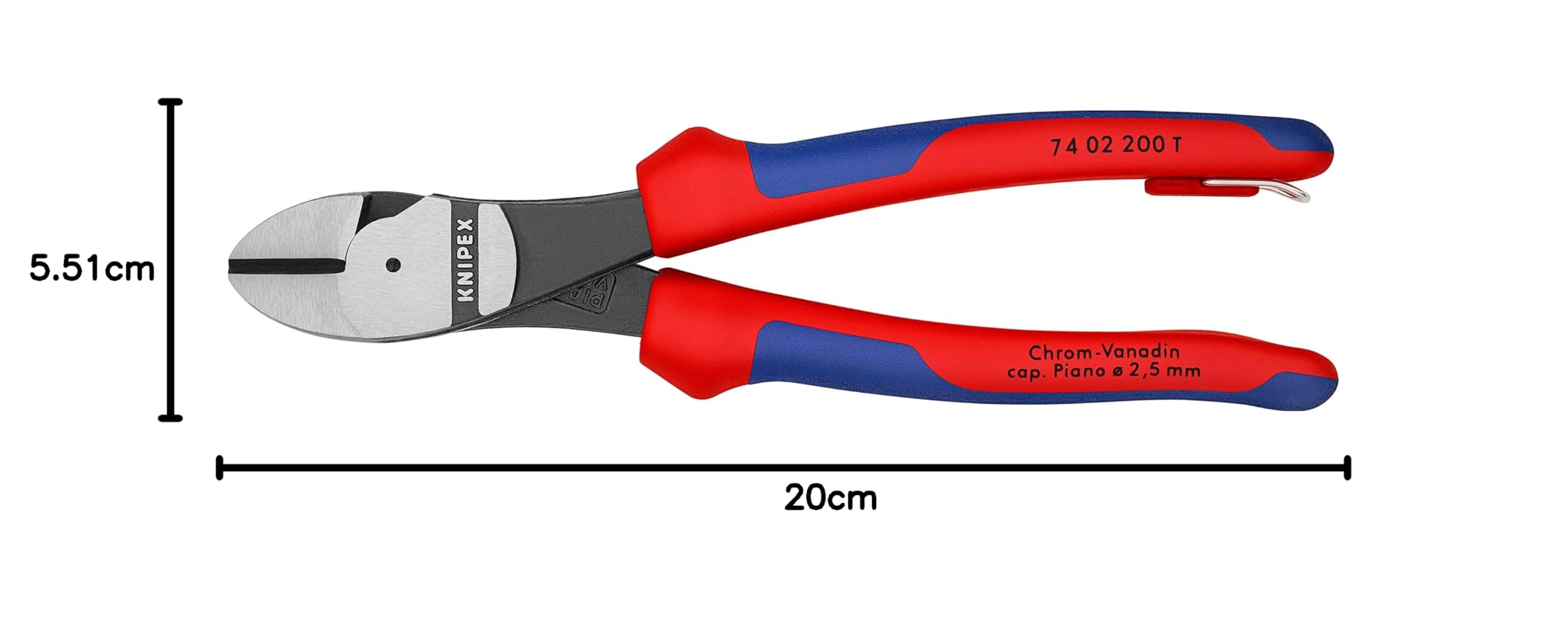 Knipex Pince coupante de côté à forte démultiplication noire atramentisée, avec gaines bi-matière, avec œillet intégré pour fixation d’un dispositif antichute 200 mm 74 02 200 T