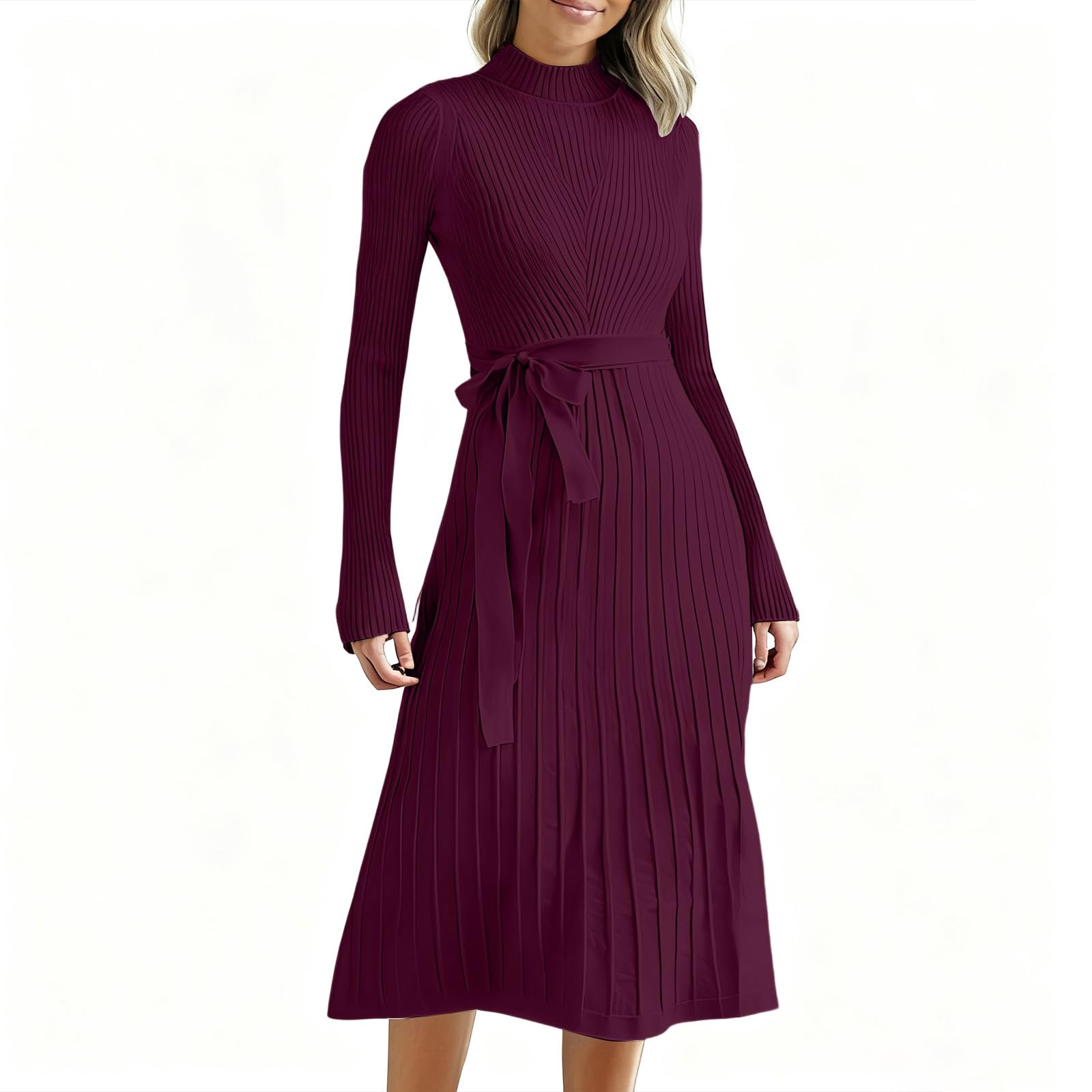 Womens Cable Knit Sweater Dress Belted Mock Neck Long Sleeve Swing Pleated Fall Midi Pullover Sweater Dresses