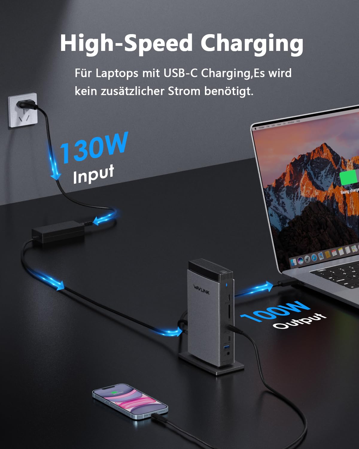 WAVLINK Displaylink Laptop Docking Station mit 3 HDMI, USB C Dock Dreifach-Display 4K60Hz, 100W Ladeleistung für M1 M2 M3 M4 M5 Mac/Windows, 2DP, 5 USB Ports, Ethernet, Kompatibel mit MacBook Neo
