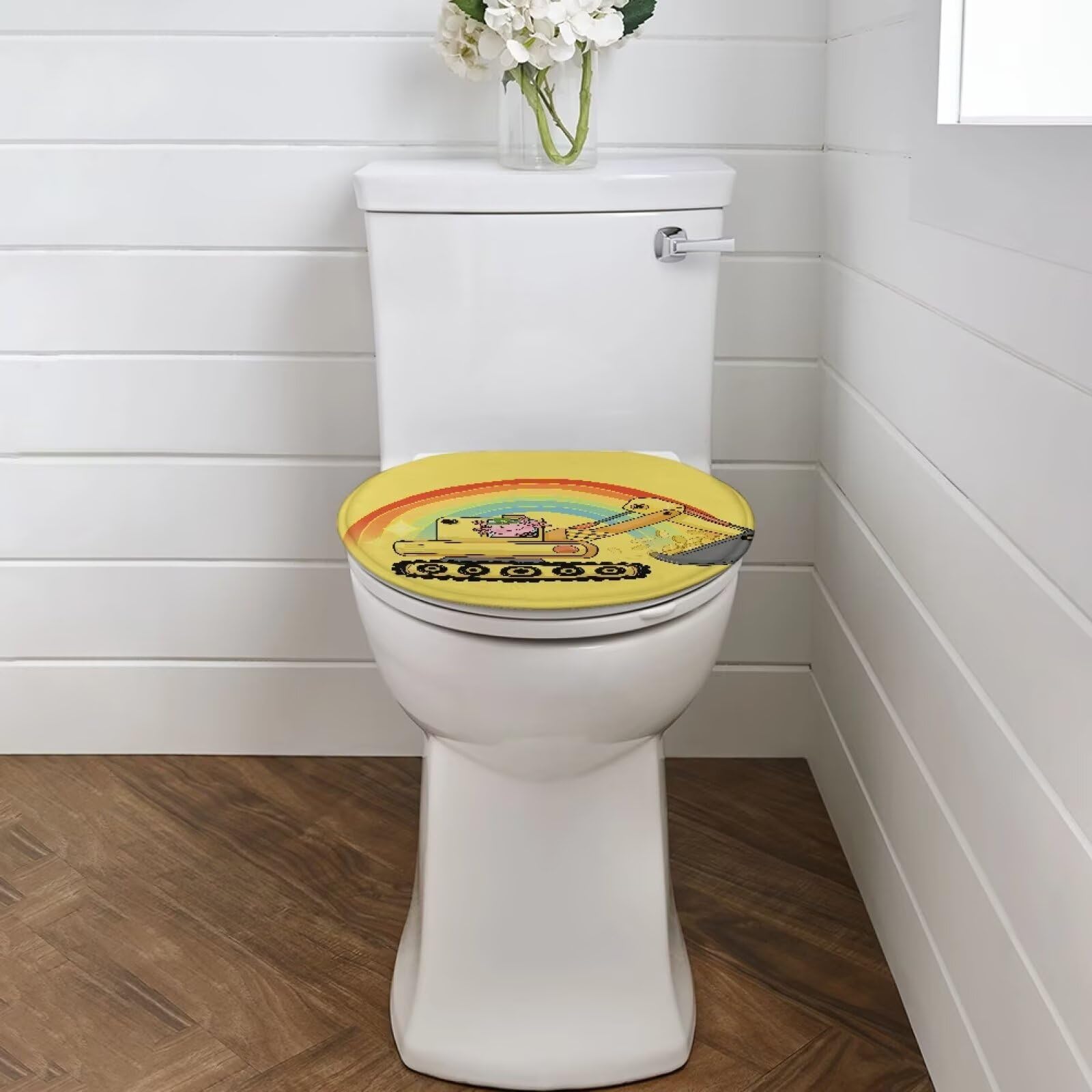 Uorisanigo Rainbow Yellow Excavator Toilet Seat Covers for Toddlers Boys Kids Soft Fabric Toilet Lid Covers for Bathroom Round Fit Different Sizes of Toilet Lid Bathroom