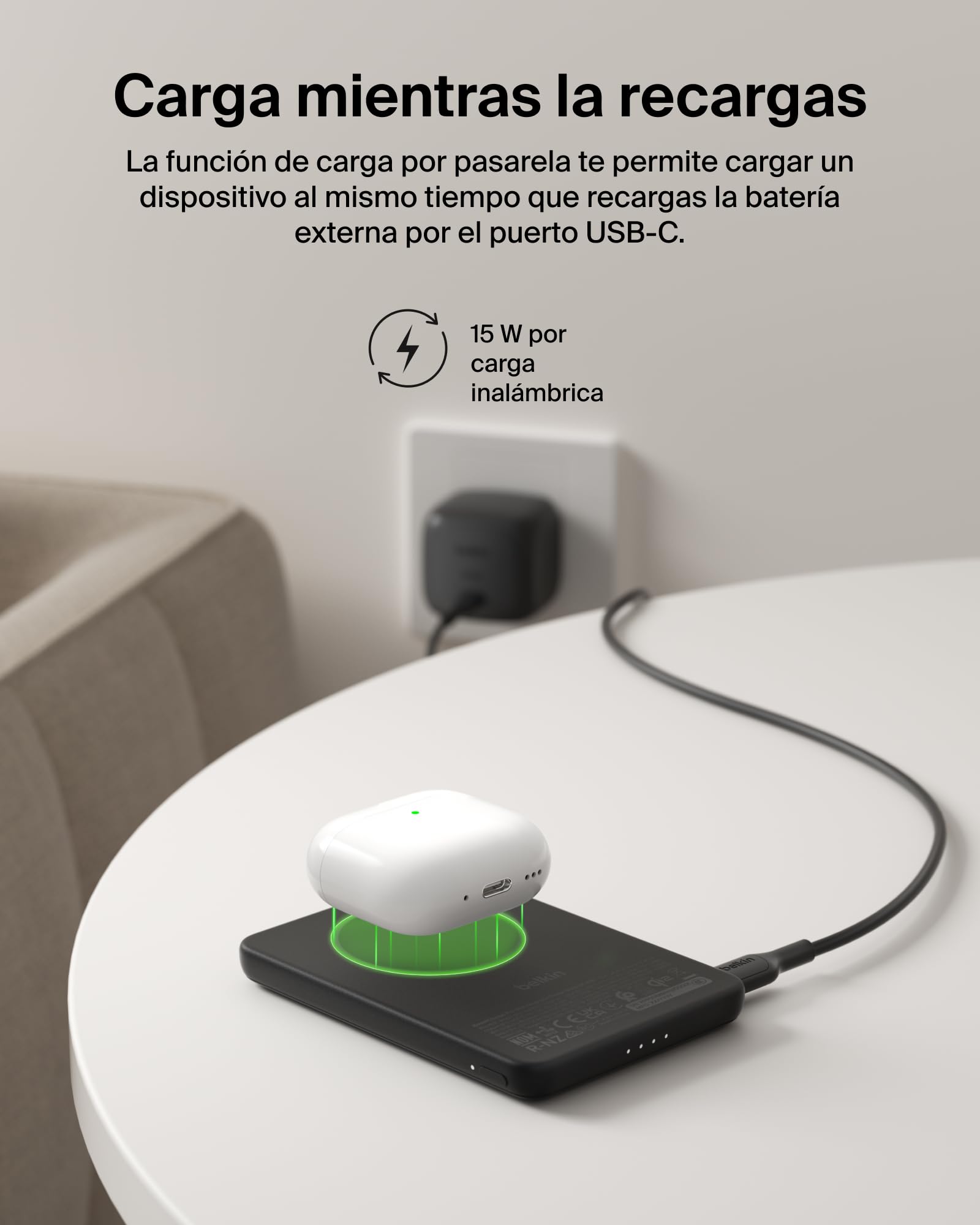 Belkin BoostCharge Batería Externa Magnética Delgada 5000 mAh Soporte Negro | Power Bank Qi2 de 5000 mAh, Anillo Magnético, 1 Puerto USB-C, Cable Incluido, Apta como Equipaje de Mano, Batería Portátil