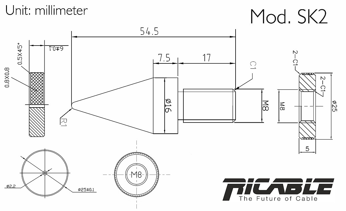 Ricable Custom SK2 Kit 4 pz Spikes Piedini Conici a punta 80 Grammi vite M8