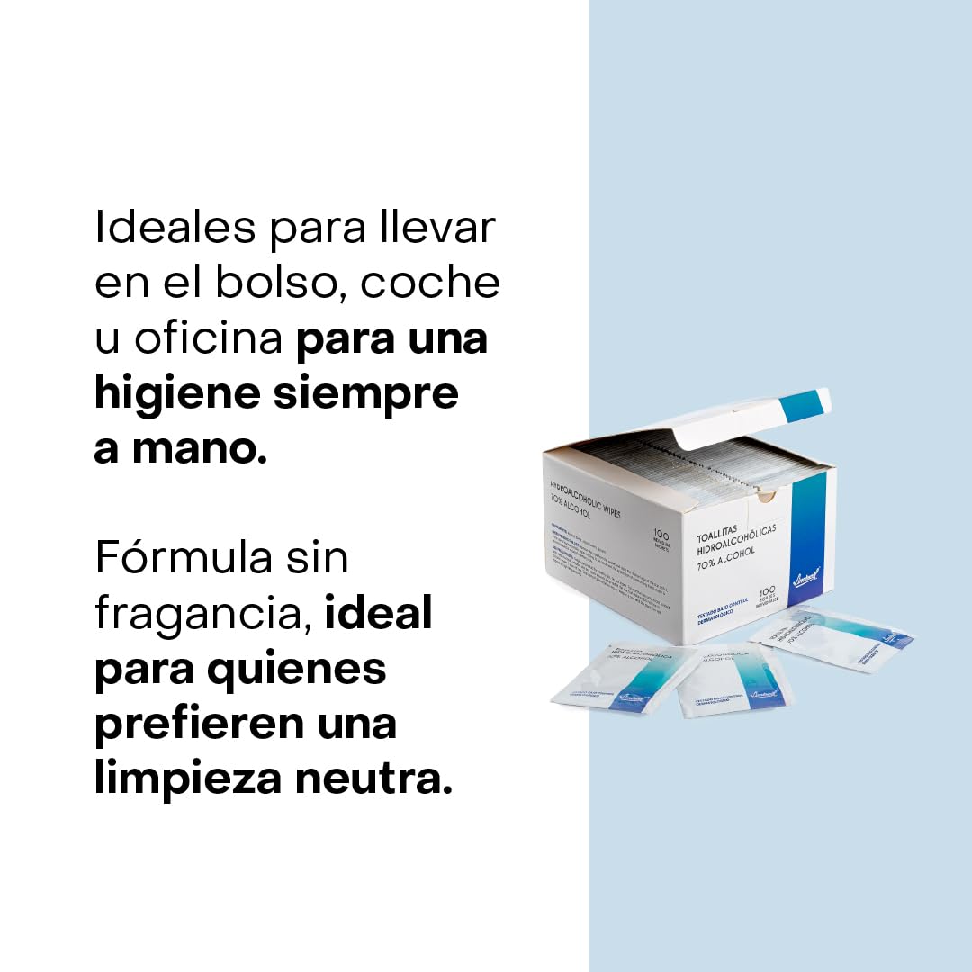 Toallitas Hidroalcohólicas Monodosis para Manos y Piel Sana, Alcohol Denat 70–72% con Glicerina, Higiene sin Aclarado, Formato Bolsillo, 100 Unidades