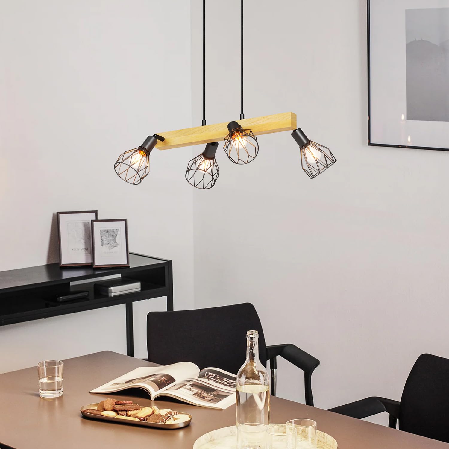 LVWIT Black Hanging Lights,Kitchen Island Lights,Pendant Lighting,Wood Ceiling Light Fitting,4 Way Drop Lights Ceiling,Spotlights Ceiling Lights for Dining Room(E14 Base,NO Bulbs) - Image 2