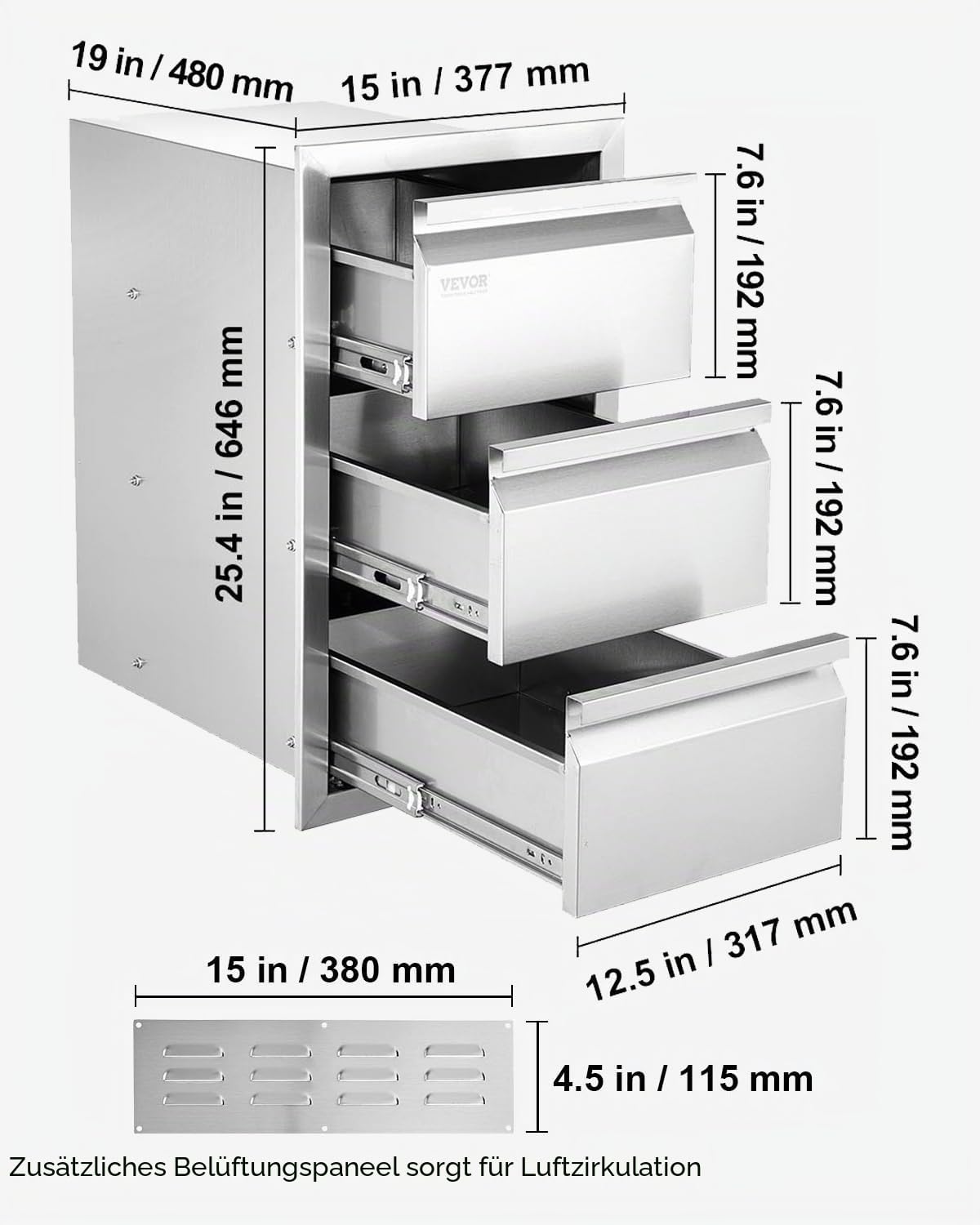 VEVOR 50x67cm Kamintür Dreistufig Edelstahl BBQ Tür Vertikal BBQ Island Tür