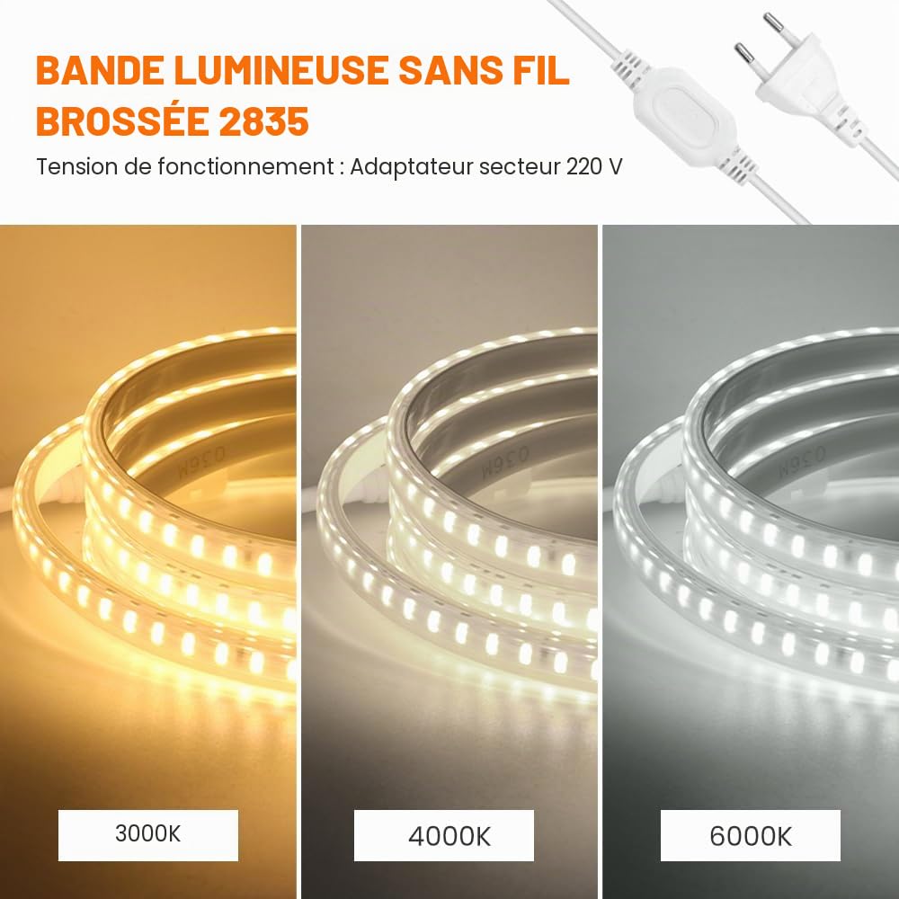Ruban LED, Lumière au LED IP65 étanche 220V Bandeau flexible Ruban LED Light Strip pour Escalier, Chambre, Cuisine Intérieur/Extérieur (Blanc, 20M)