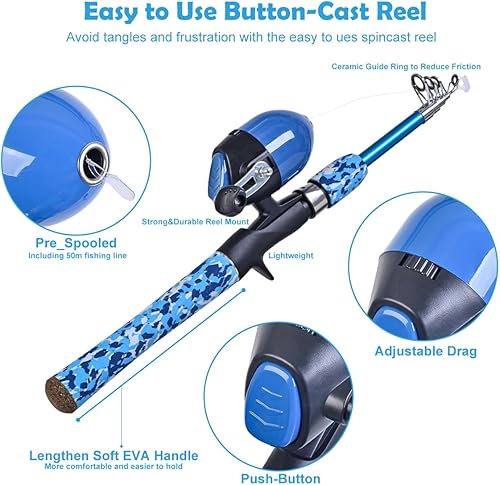 Miniatura 2 de CODEK Juego de caña de pescar para niños con kit completo de iniciación, 2 juegos de caña de pescar telescópica portátil y carrete Cambos para niños