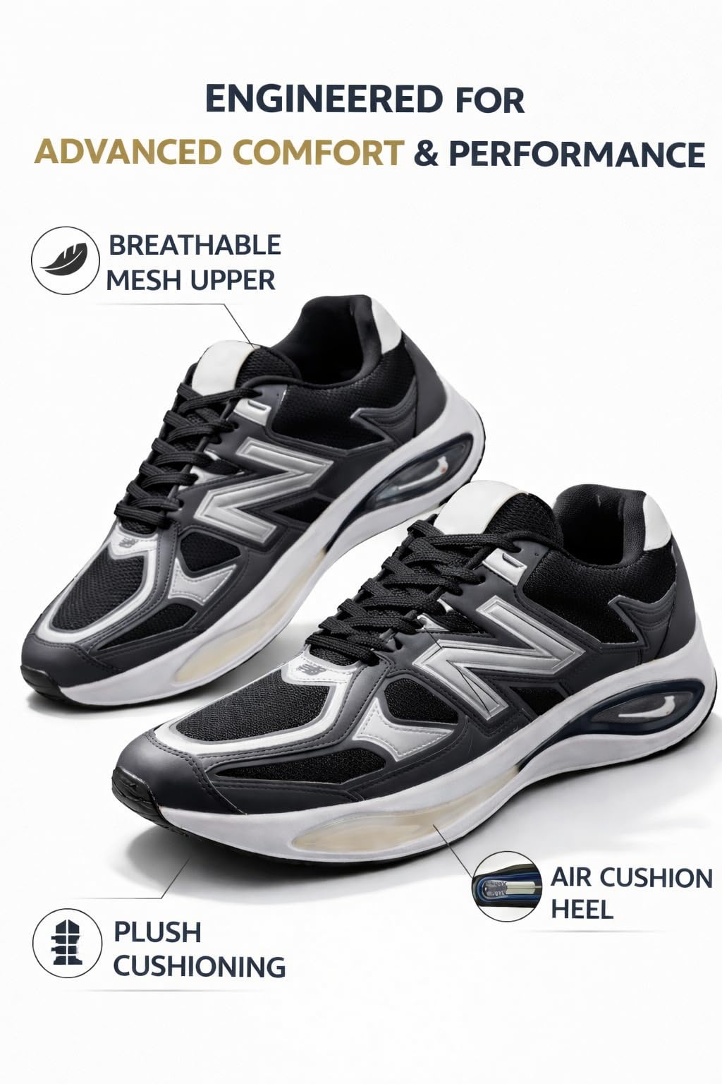 AUSTRICH Athletic Running Shoes, Black and Silver, Breathable Mesh Upper, Air Cushion Heel, Plush Cushioning, Performance Sneakers for Men (UK Footwear Size System, Adult, Men, Numeric, Medium, 6) 1