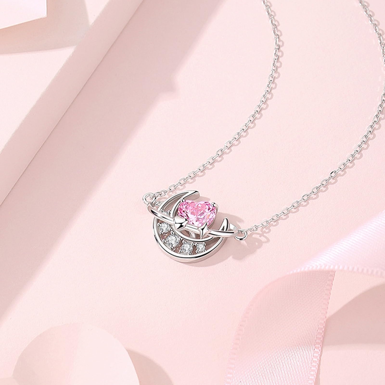 Wycian Collana in oro per la madre della sposa, con zaffiro rosa sintetico e moissanite, collana in oro per lei, 40 + 5 cm