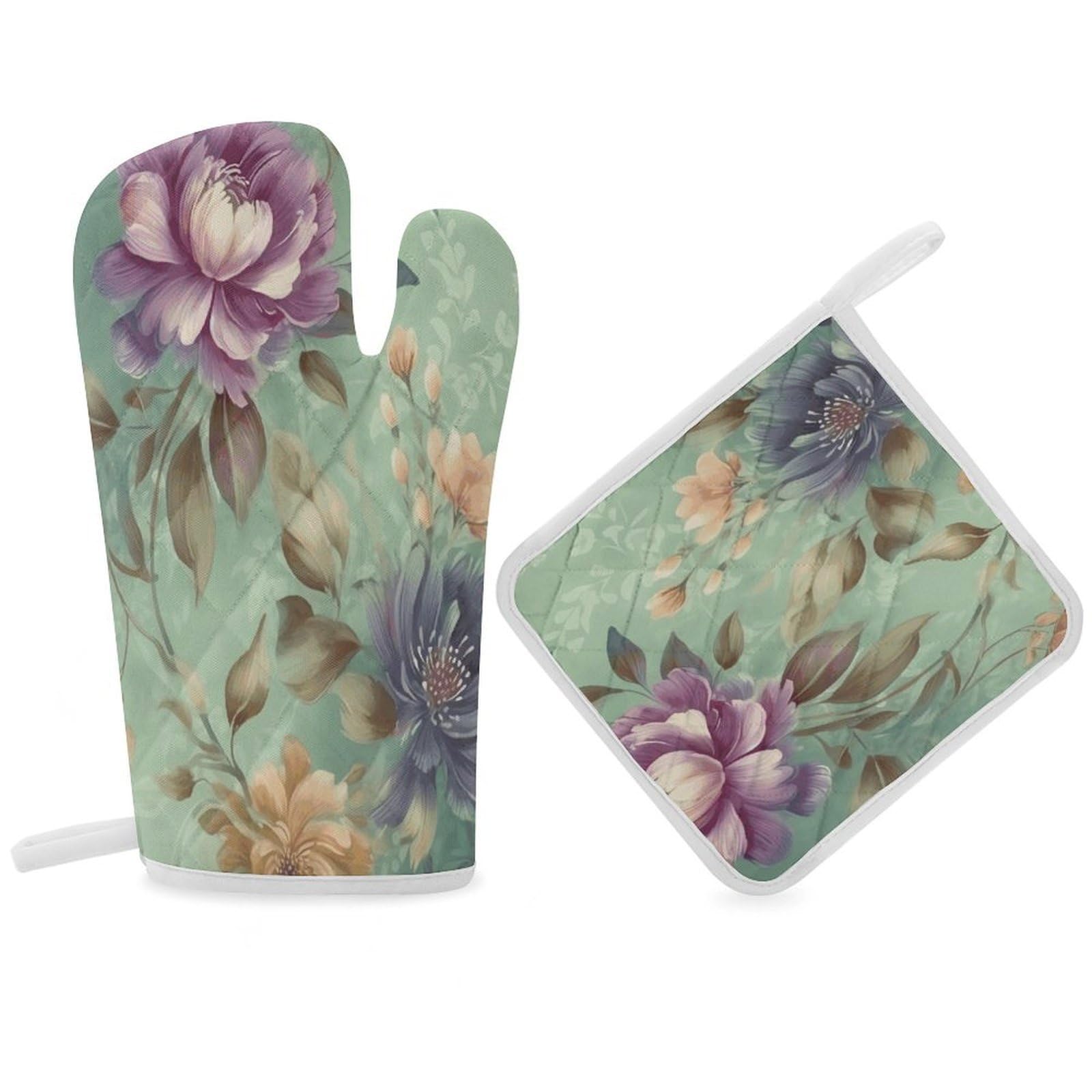 Fodpand Women's Style Flowers On Green Background Oven Mitts And Pot Holders Sets,Oven Gloves For Kitchen Oven Mitts And Potholders For Baking Cooking Grilling Apartment Essentials