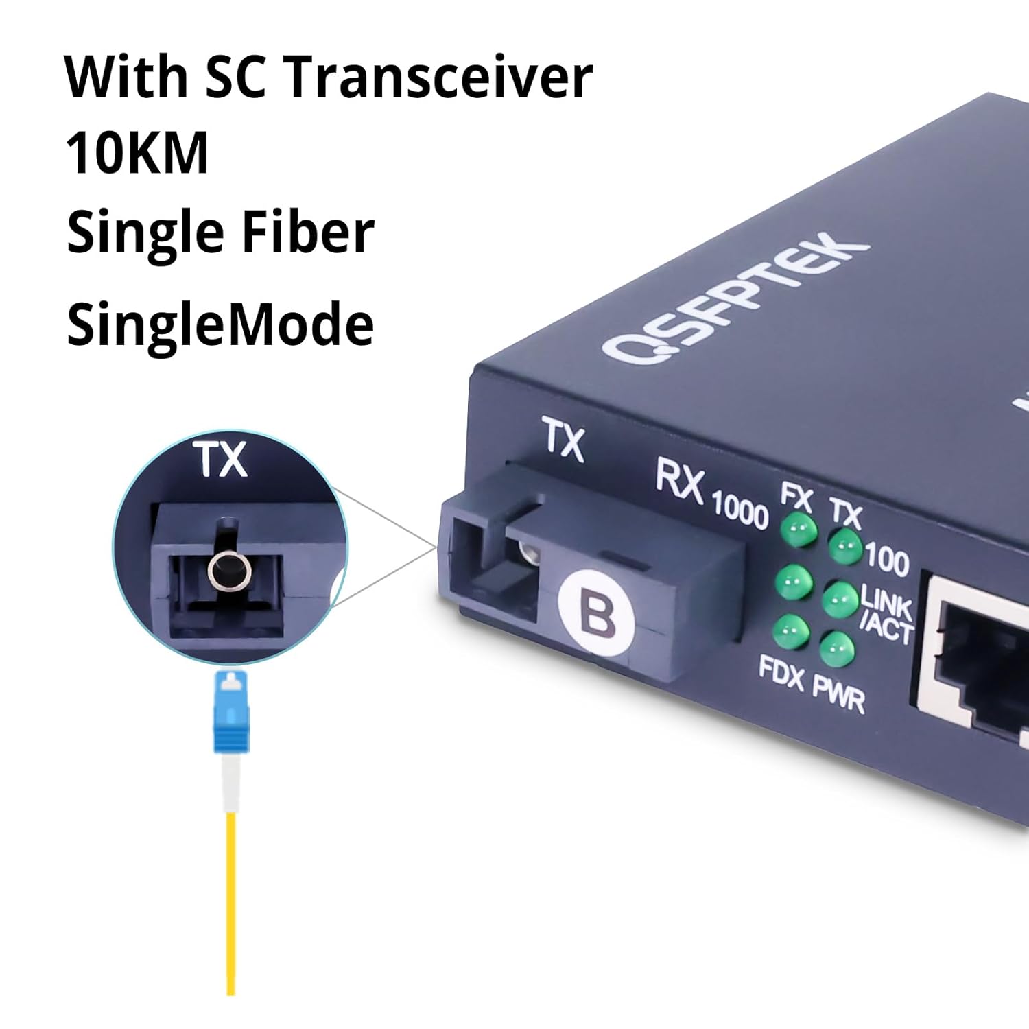 QSFPTEK A Pair 1.25G/s Bidi Fiber Media Converter, Gigabit Media Converter, 10/100/1000Base-Tx to 1000Base-FX Fiber Ethernet Coverter, Singlemode SC Bidi Transceiver TX1310nm/TX1550nm, 10Km