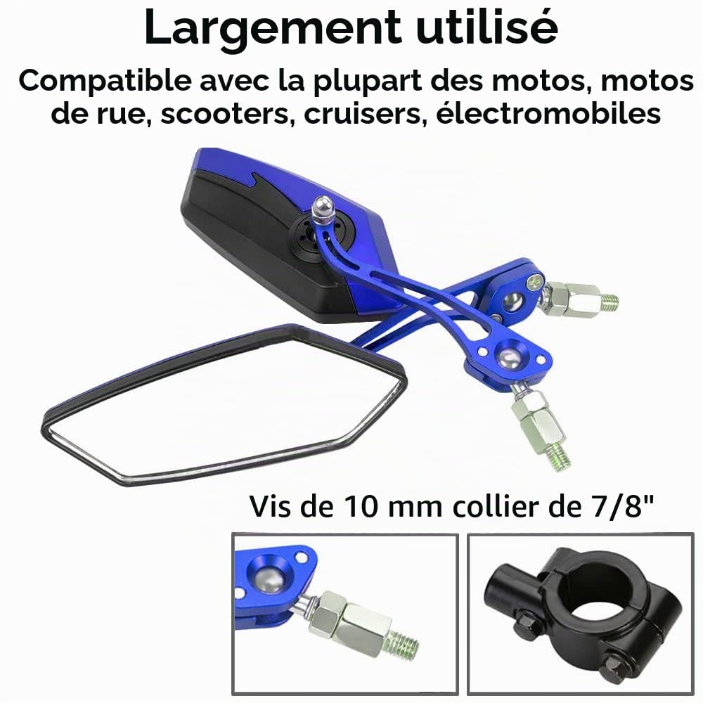ETOPARS 1 Paire 10mm 8mm Rétroviseurs de Moto Universels Bleu Rétroviseur de Guidon d'extrémité Moto Rétroviseurs Latéraux Rotation Réglable Scooter avec 7/8" Montage
