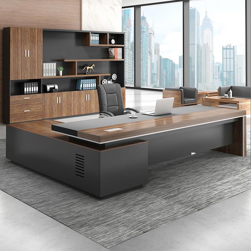Chefschreibtisch mit Holzplatte und eingebautem CPU-Speicher, Cheftisch, Computer-Wohnmöbel, Schubladen – ohne Stühle, Schrank auf der rechten Seite, 240,6 cm L x 160,2 cm B x 74,9 cm H