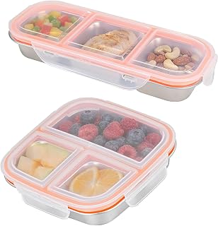 2 Pieces Stainless Steel Snack Boxes with 3 Compartments, Reusable Snack Box, Small Bento Lunch Box for Kids and Adults, Leakproof Metal Bento Box with Lid for School Work Camping